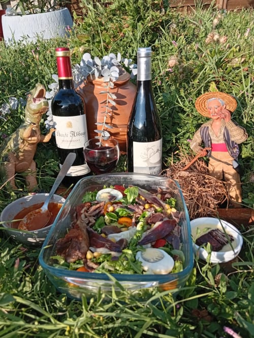 Pique-nique au jardin du gîte Prehistogite à Saint-Génies en France, avec bouteilles de vin, salade et figurines décoratives.