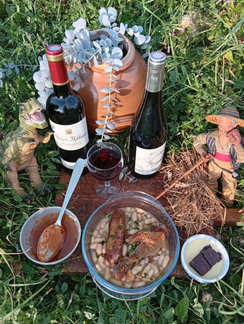 Pique-nique en plein air au gîte Prehistogite à Saint Genies avec vin, cuisine raffinée et décor rustique sur l'herbe