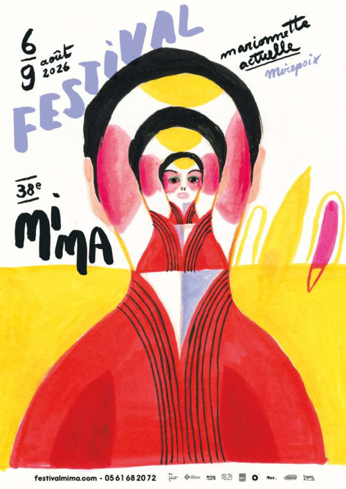 Affiche du Festival MIMA 2026 avec figure stylisée en robe rouge et formes géométriques, Cazals-des-Baylès