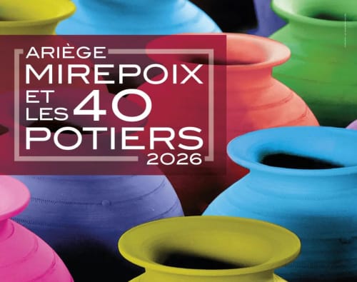 Affiche colorée de l'exposition de poterie Ariège Mirepoix 2026 à Terres de Barréjat, Cazals-des-Baylès