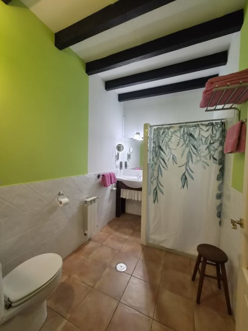 Modern bathroom at Posada Torre del Milano in Comillas with lime green walls, black beams, and bright fixtures