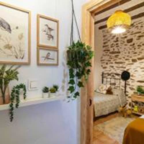 Villa Cortijo La Suerte en Adra con muros de piedra, arte botánico enmarcado, plantas colgantes y luz colgante amarilla