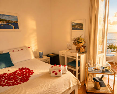 Camera romantica fronte mare a Villa Bina Sea Hotel con petali di rosa, vista sul mare e luci al tramonto a Serrara Fontana