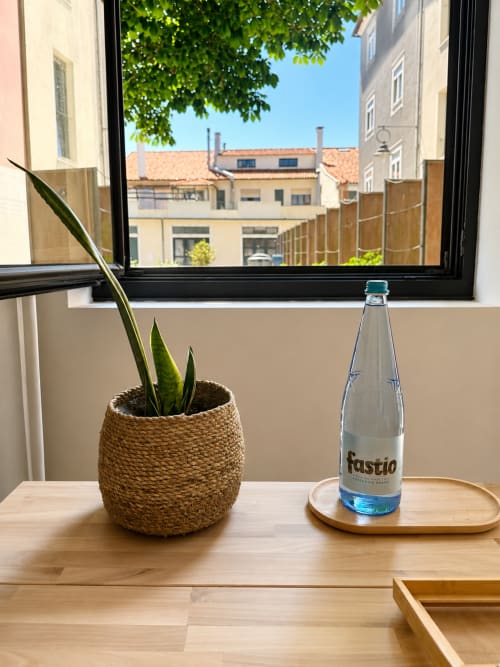 Sunny windowsill at Terra Clara Studio in Esposende with potted plant, water bottle, and city view of Portuguese buildings