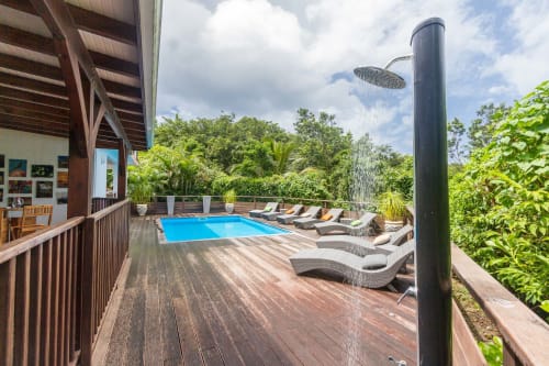 Piscine, terrasse en bois, transats et douche extérieure.