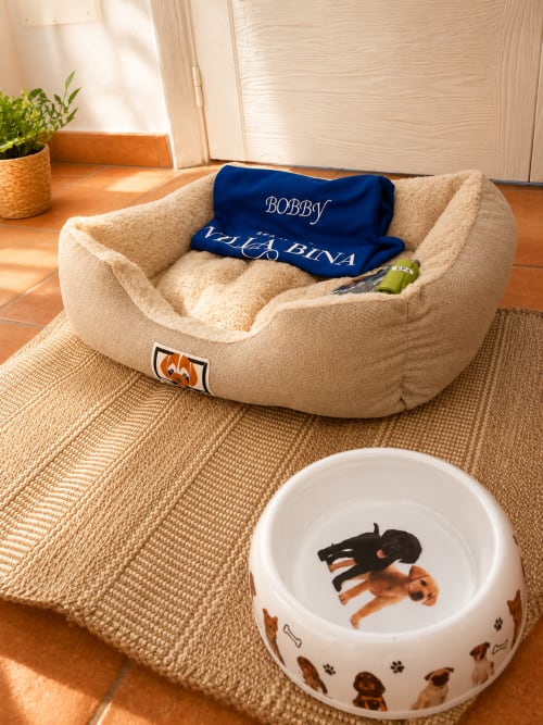 Servizi pet-friendly a Villa Bina Sea Hotel: cuccia beige per cani con giocattoli e ciotola per l'alimentazione su pavimento in cotto