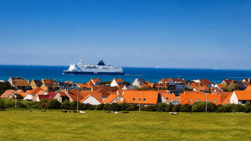 Hotel Ô de Mer in Sangatte kijkt uit op het Kanaal met rode daken en een passerende veerboot