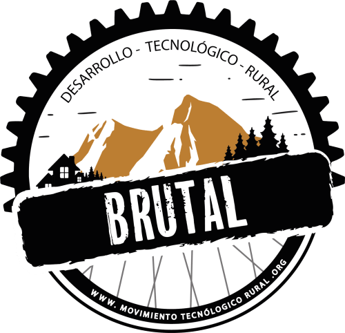 Brutal logo: Technological-rural development emblem with mountain landscape, house, trees, and gear wheel design