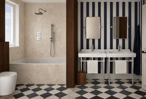 Salle de bain luxe moderne aux DEAUV HILLS Deauville : vasques doubles, murs rayés, sol carrelé et baignoire îlot