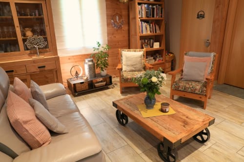 Salon chaleureux en bois au Gîte La Péniche d'Evolène avec canapé cuir, fauteuils, cheminée et bibliothèques