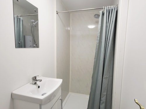 Modern bathroom in Historic Loft apartment at Cosy in Cork with white sink, mirror, shower with glass enclosure and gray