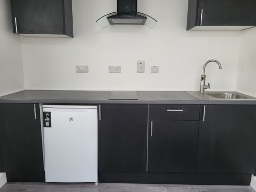Modern black and white kitchen in Cosy Studio Cork with stainless steel sink, cooktop, white refrigerator, and wall-mounted