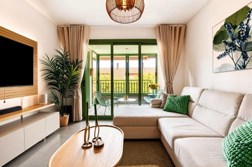 Séjour moderne à Valence avec balcon vue mer, canapé blanc, meuble TV en bois et décoration côtière