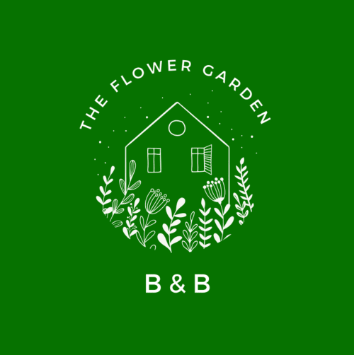 Logo del B&B The Flower Garden con illustrazioni botaniche e casa su sfondo verde, Castellammare di Stabia