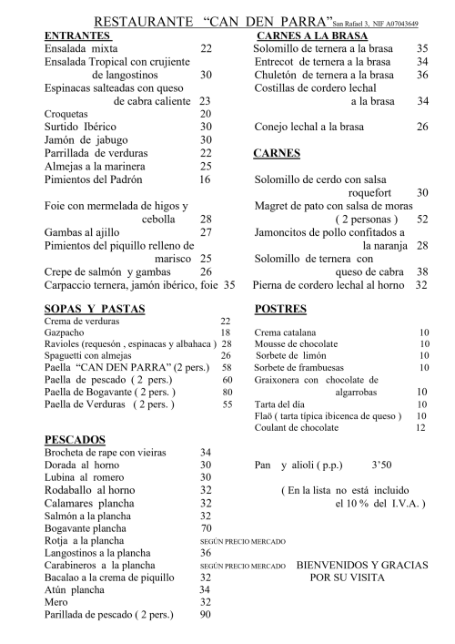 Menú del restaurante Can Den Parra en Ibiza con tapas españolas, mariscos, carnes y platos tradicionales