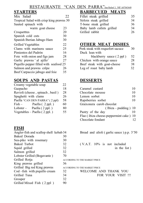 Menú del restaurante Can Den Parra de Ibiza con entrantes, mariscos, paella, carnes a la brasa y postres