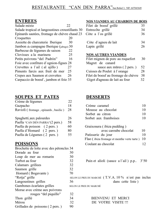 Menú del restaurante Can Den Parra con platos de cocina francesa y precios en Ibiza