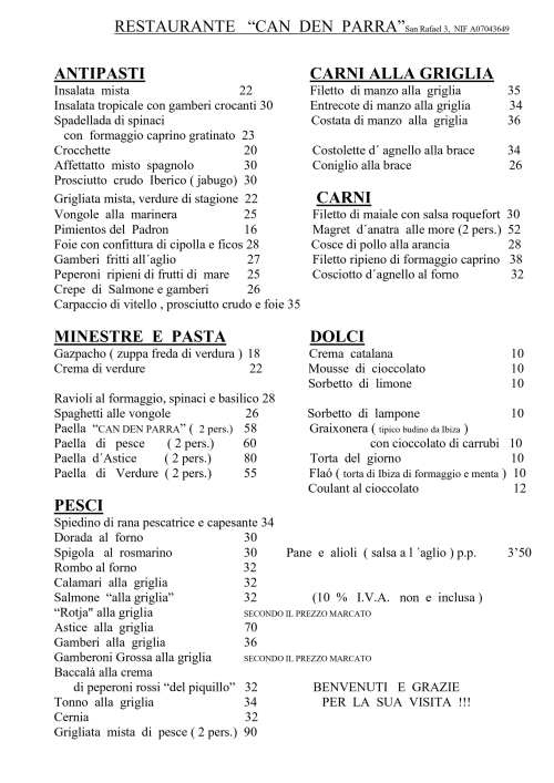 Menú del restaurante Can Den Parra en Ibiza con platos de antipasti, pasta, pescado y carne con precios