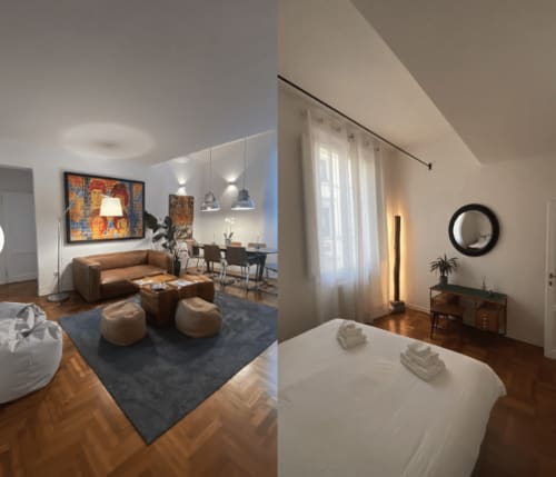 Ca Cortigiane Venice: modern suite with living area featuring brown leather sofa, artwork, and bedroom with white linens