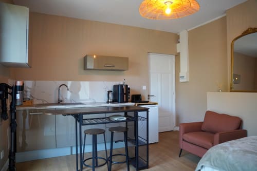 Studio moderne au 1 Péraudel à Castres avec cuisine, bar, séjour et vue sur le jardin