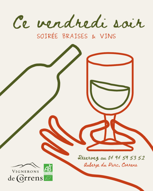 Soirée vin et grillades du vendredi à l'Auberge du Parc à Correns - illustration verre et bouteille de vin