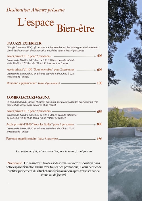 Destination Ailleurs wellness menu featuring jacuzzi and sauna packages in Castellane
