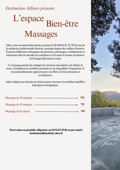 Tuina massage services at Destination Ailleurs, Castellane - 30, 45 minute and 1 hour sessions available