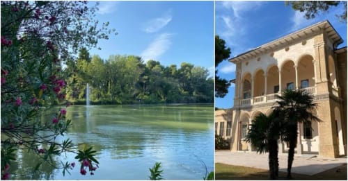 Pescara INN riverside gardens and elegant Italian villa architecture with fountains and palm trees