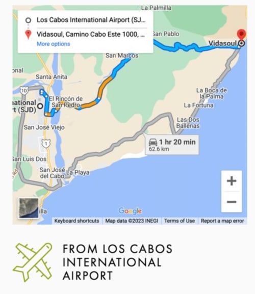 Google Map route from Los Cabos International Airport to Vidasoul B&B in La Vinorama, 62.6 km, 1 hr 20 min drive