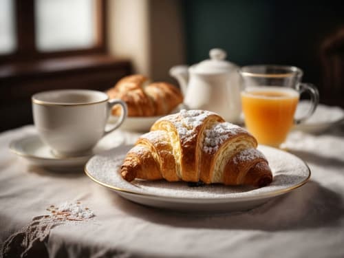 Elegante colazione a Corte Baruzzo Relais con cornetti freschi, caffè, succo d'arancia e pasticceria al mattino