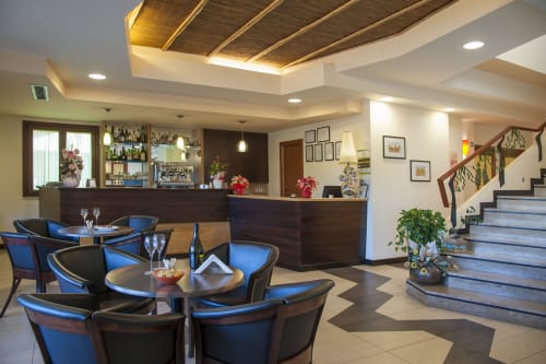 Elegante hall d'albergo con sedute blu e nere, bar in legno scuro, scala e piante decorative all'Hotel Ristorante alle