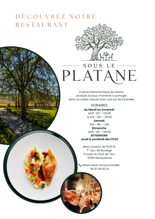 Le restaurant Sous le Platane à Marquefave propose une cuisine bistrotière de saison avec vue sur les Pyrénées