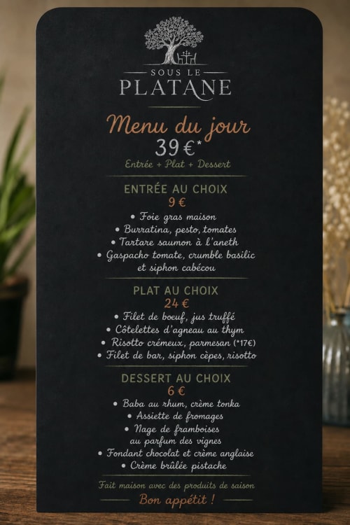 Menu du restaurant Sous le Platane à l'hôtel Lieu-dit Boulage à Marquefave, menu du jour 39€ avec entrées, plats et desserts