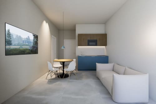Appartamento moderno di 40m² a Riviera Pesaro con angolo cottura attrezzato, zona soggiorno e vista montagna in TV