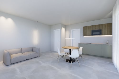 Moderno appartamento open-plan presso Riviera Apartments a Pesaro con soggiorno, zona pranzo e cucina attrezzata con vista montagna
