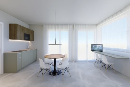 Cucina moderna e zona pranzo nell'ampio bilocale di Riviera Apartments con vista montagna, Pesaro, Italia