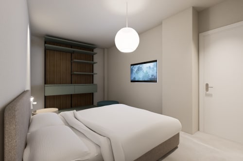 Camera moderna presso Riviera Apartments Pesaro con letto queen, lampada sospesa e TV a parete