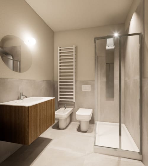 Bagno moderno presso Riviera Apartments a Pesaro con lavabo, wc, bidet, scaldasalviette e doccia walk-in