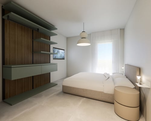 Camera moderna alle Riviera Apartments a Pesaro con vista montagna, letto beige, arredamento in legno e lampada a sospensione