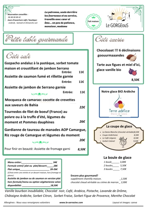 Het menukaart van restaurant Le Gorgeous in Aiguèze met verfijnde Franse gastronomie, voorgerechten, hoofdgerechten en ambachtelijk ijs