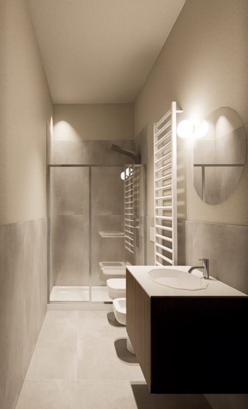 Bagno moderno presso Riviera Apartments a Pesaro con lavabo, WC, scaldasalviette e doccia walk-in in vetro