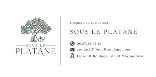 Carte de visite du restaurant Sous le Platane de l'hôtel Lieu-dit Boulage à Marquefave, France