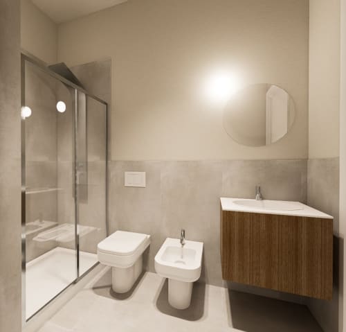 Bagno moderno a Riviera Apartments, Pesaro con doccia, WC, bidet e mobile lavabo in legno