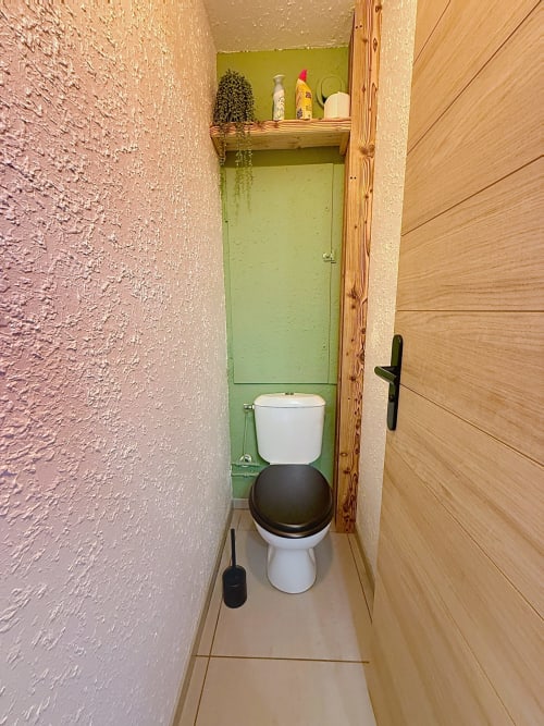 Petite salle de bain avec toilettes, réservoir blanc, mur vert, étagères en bois avec cactus et articles de toilette, carrelage aux "Les"