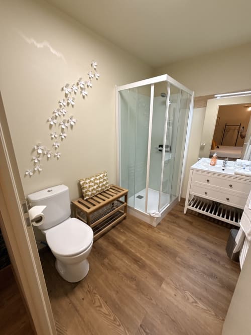 Salle de bain moderne de la chambre PAMPA au gîte Le Montreal B&B, Montréal du Gers, avec douche, toilettes, vasque et sol en bois