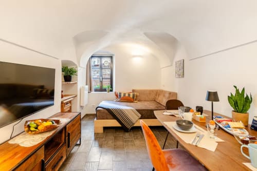 Salon accueillant à Dolceacqua avec canapé marron, téléviseur, mobilier en bois et plafond voûté