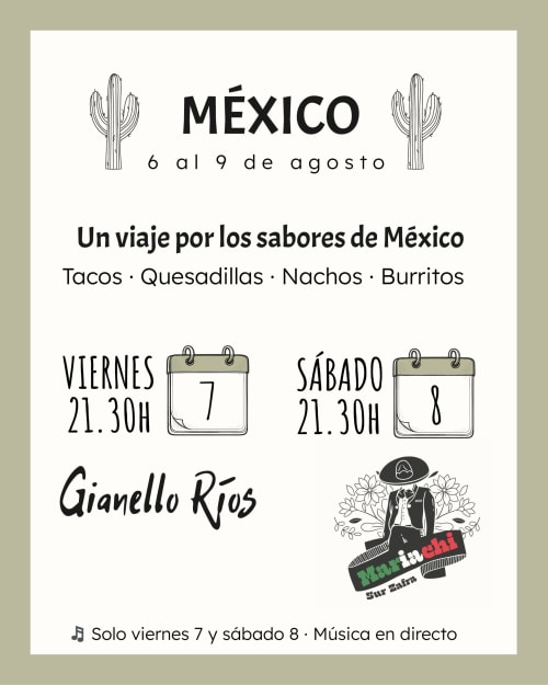 Cartel de evento México en hotel Huerta Honda de Zafra con tacos y música en vivo, 6-9 de agosto