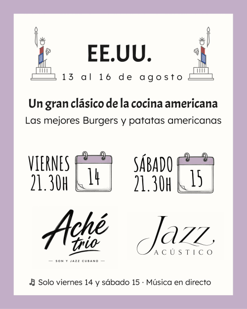 Evento EE.UU en Huerta Honda Zafra: hamburguesas americanas, jazz en vivo 13-16 de agosto