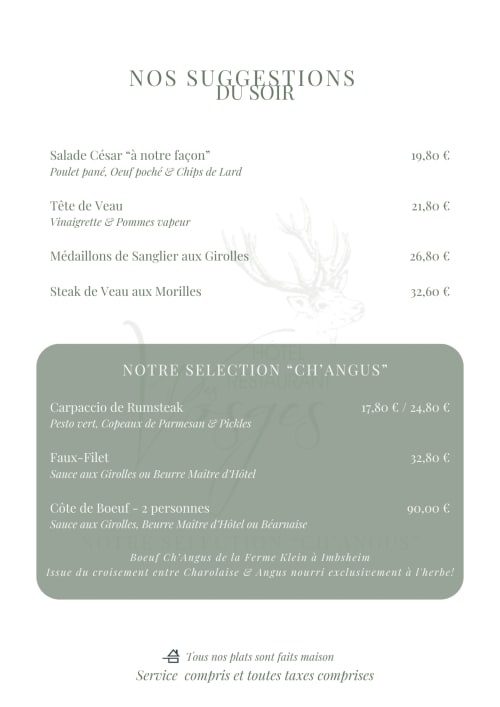Evening dinner suggestions menu at Hôtel Des Vosges in Sommerau featuring French cuisine specialties and beef selections