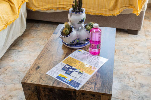 Mesa de la sala en Haus Holiday Homes con cactus en maceta decorativa, bebida rosa y folleto informativo